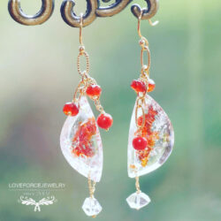 Quartz-coral-herkimer-earrings K18ピアス|水晶/珊瑚/ハーキマーダイヤモンドクオーツ/